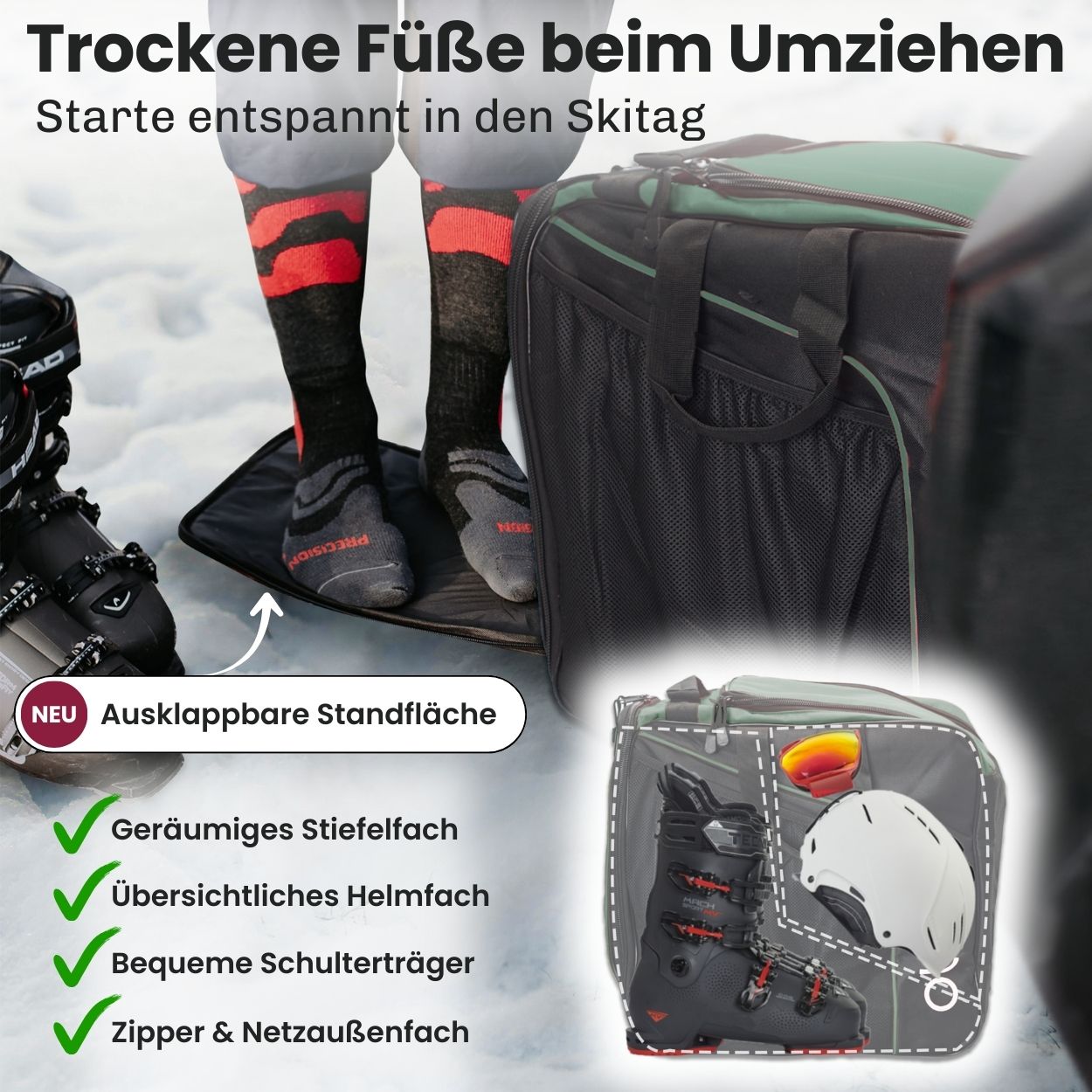 Otaro Skischuhtasche & Skitasche Classic-Set für 1 Paar Ski – ausklappbare Standfläche