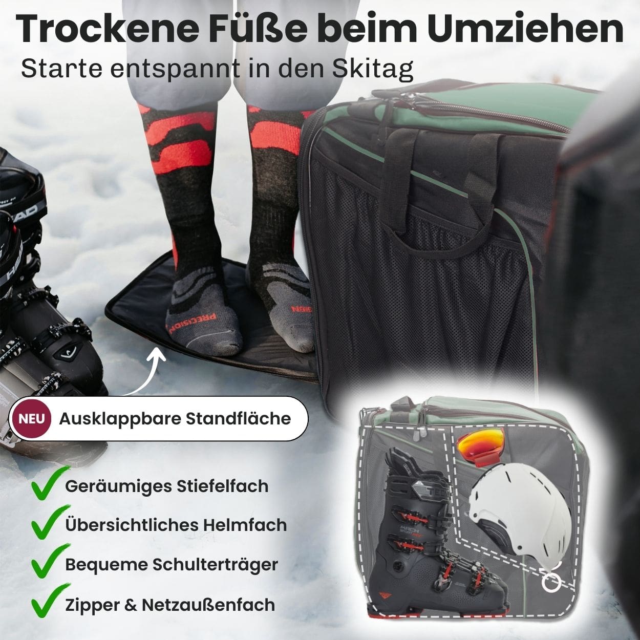 Otaro Skischuhtasche & Skitasche Classic-Set für 1 Paar Ski-Long in Tannengrün – ausklappbare Standfläche