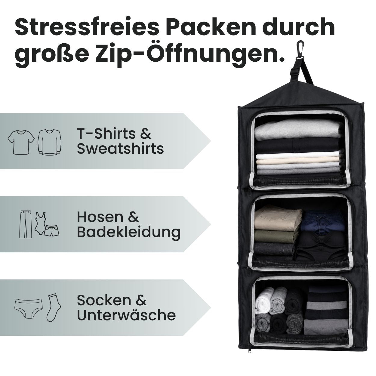 Otaro Hängender Reise-Organizer 3-Ebenen mit Kompression – Produktansicht 3